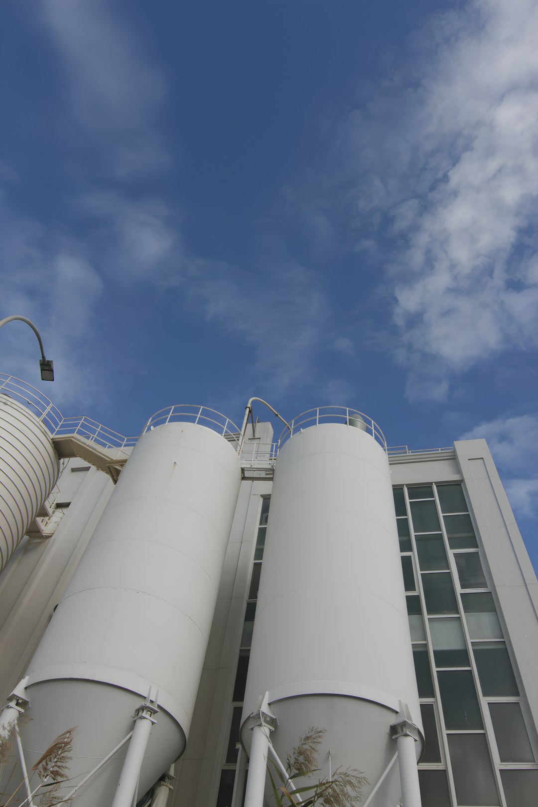 Large industrial storage silos beside a modern processing facility